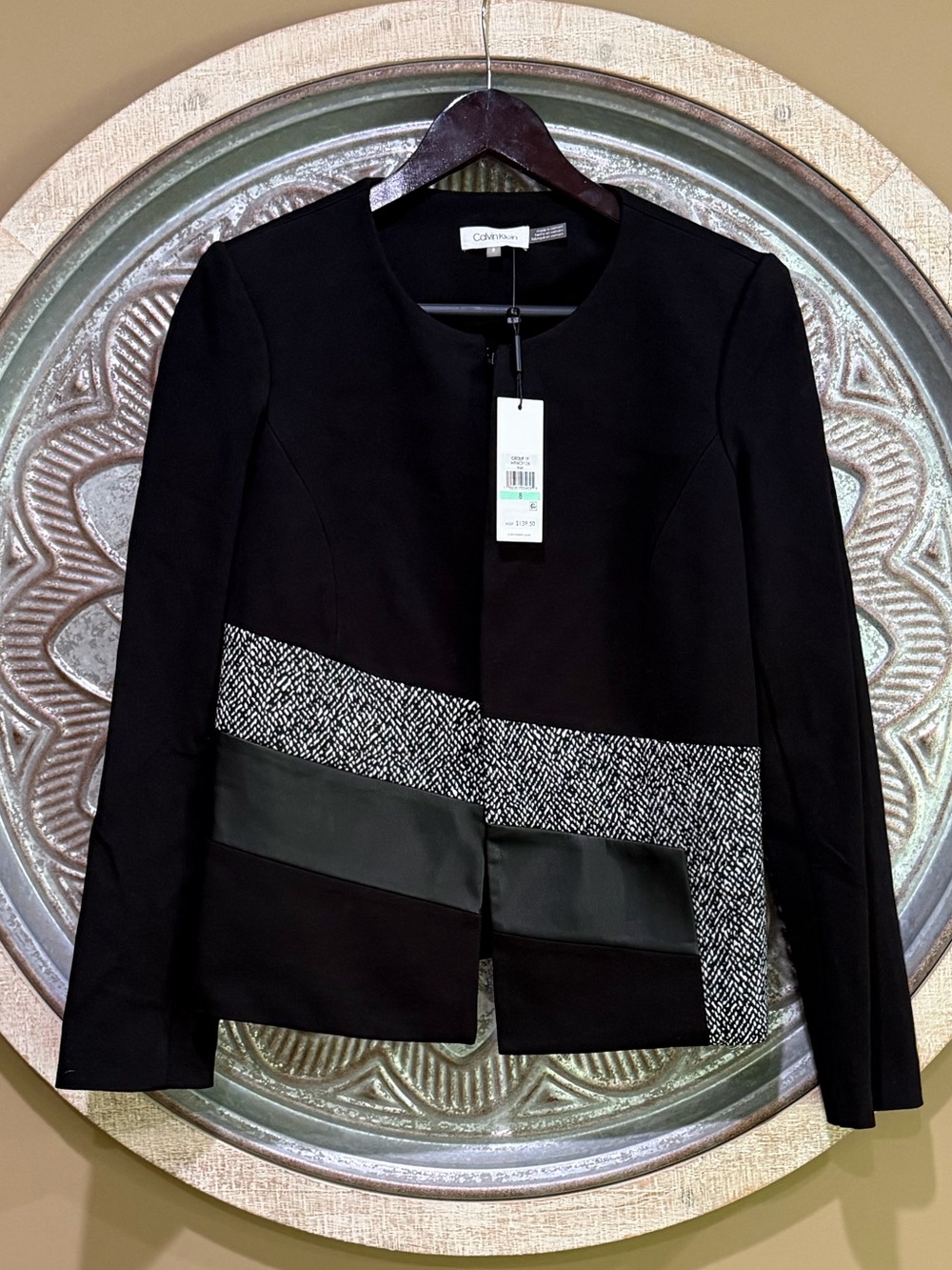 Calvin Klein Black Open-Front Jacket with Gray Tweed & Faux Leather Patches